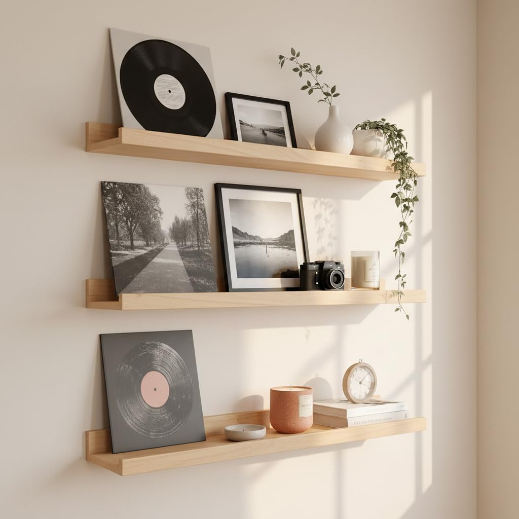 MBYD 36 Inch Natural Wood Floating Picture Ledge Shelf, Wall Mounted Nursery Bookshelf for Kids Books, Vinyl Records &