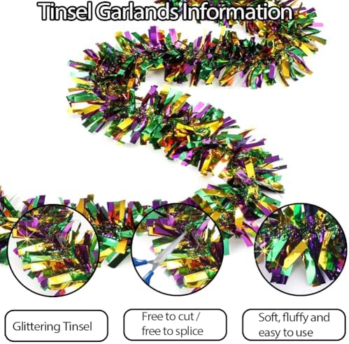 33Ft Christmas Tinsel Garland, Gold Green Purple Metallic Twist Foil Tinsel Garland Hanging Decor for Christmas Tree Birthday Kwanzaa Party Indoor Outdoor Party Supplies - Gold Green Purple