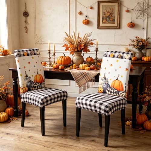 Halloween Chair Covers Set of 4, Fall Pumpkin Black/White Buffalo Plaid Chairs Slipcover for Dining Room, Removable Washable Breathable Cover in the Kitchen Restaurant Holiday Decor