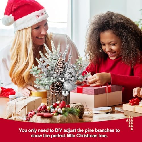 hatisan Small Christmas Tree,Artificial Christmas Tree with Christmas Ornaments Pine Cone Berry,Tabletop Christmas tree for Christmas Decorations Home Room Party Winter Indoor Outdoor (Silver-Round)