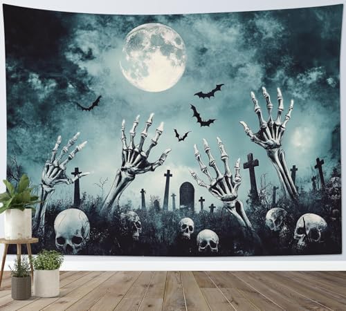HVEST Black Halloween Tapestry Wall Hanging Scary Skeleton and Horror Tombstone in Cemetery Wall Art Spooky Bat and Misty Full Moon Tapestry for Bedroom Living Room Dorm Wall Decor, 40L X 60W inches