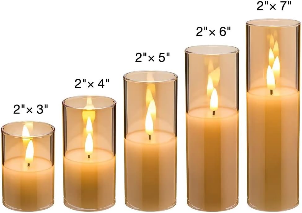 Amber Gold Glass Flameless Pillar Candles with Remote Set of 5 | Flickering Fall LED Candles, Batteries Included