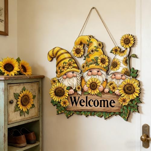 Summer Sunflower Gnome Welcome Door Sign 12'' Rustic Wooden Hanger, Sunflower Wreath Decor for Front Door Porch Wall Home Garden Kitchen