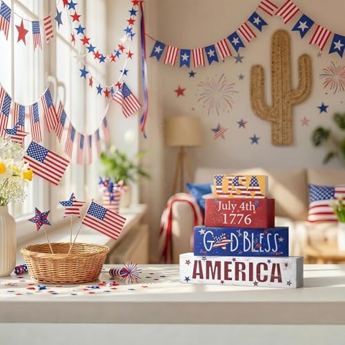 Smile 4th of July 250th Anniversary Wooden Block Stack with USA Decor, 4-Piece Patriotic Tiered Tray Decor for Independence Day & Memorial Day