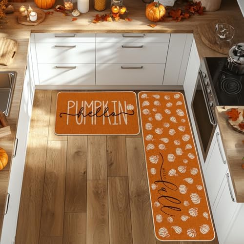 Artoid Mode Orange Hello Pumpkin Fall Kitchen Mats Set of 2-17x29+17x59