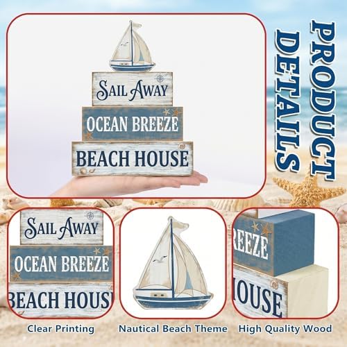 Britimes Tiered Tray Decor Set, 4 Pack, Wooden Table Sign, Nautical Ocean