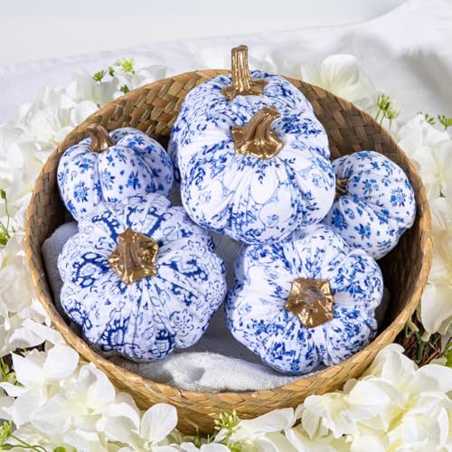 GnFlus Fake Pumpkin Decor 6 Pcs Faux Pumpkins Small Blue and White Velvet Pumpkins Mini Artificial Pumpkin Fall Decorations for Home Table Farmhouse Mantel Halloween Thanksgiving