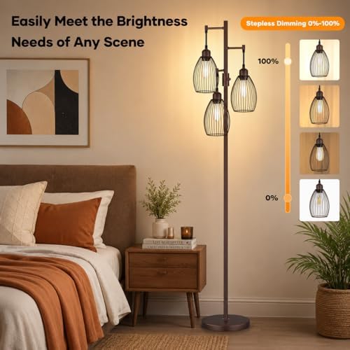 Nintiue Dimmable Floor Lamp,3x800LM LED Bulbs Included, Farmhouse Industrial Floor Lamp Standing Tree Lamp with