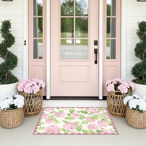 Front Door Mat Outside Entrance, 2x3 Pink White Floral Entryway Rug