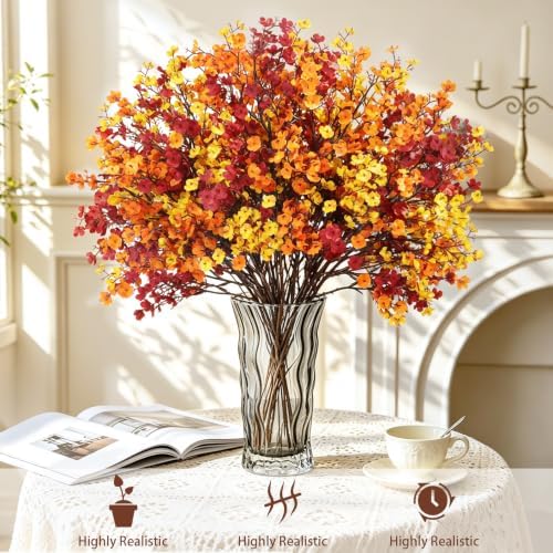 30PCS Fall Artificial Flowers Baby Breath, Burgundy & Orange Fall Flowers