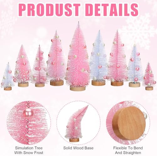 Leyndo 9 Pcs Pink Pearl Artificial Mini Christmas Tree with Wood Base