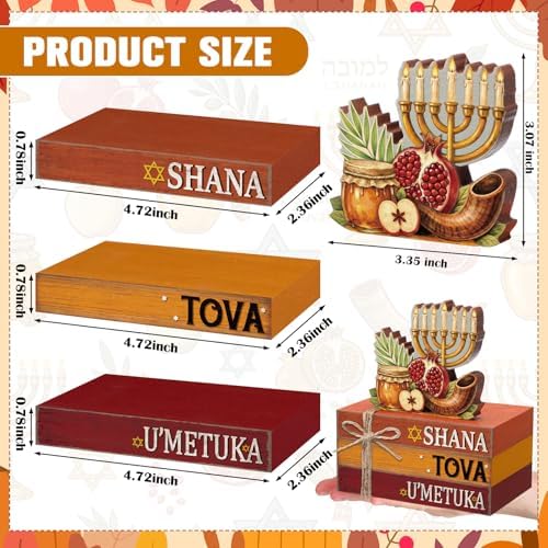 Geelin 4 Pcs Rosh Hashanah Tiered Tray Decor, Jewish New Year Party Decoration, Wooden Book Stack Signs Gifts, Shana Tova Apple and Honey Farmhouse Rustic Table Centerpiece for Shelf Coffee Bar