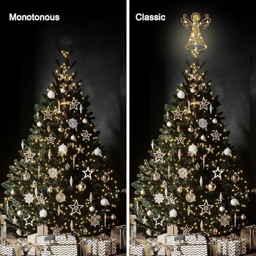 hogardeck Christmas Tree Topper, 12 Inches Glittered Gold Angel Tree Topper for Christmas Treetop, 30 LED Timer Sparkling Tree Toppers for Christmas Tree Decorations