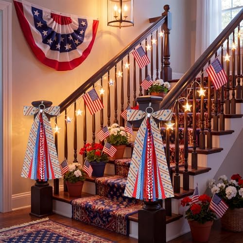Suncalla 2 Pcs Patriotic Star Ribbon Bow for Wreath Sash for Front Door