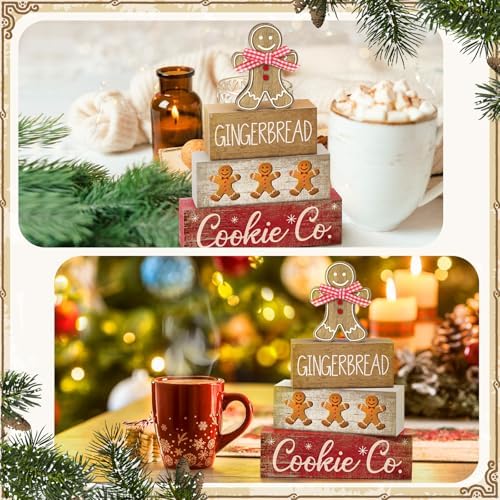 Moucuny 4 Pcs Gingerbread Christmas Table Decor, Gingerbread Man Wood Sign
