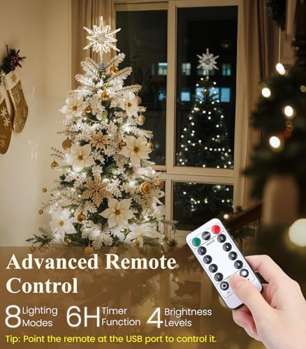 Luxspire Christmas Tree Topper, Lighted Star Tree Topper with USB Plug-in & Remote Control, 9.8" LED Metal Christmas Decorations Light, Xmas Trees Decor for Home Party, Crystal Hexagram-Silver