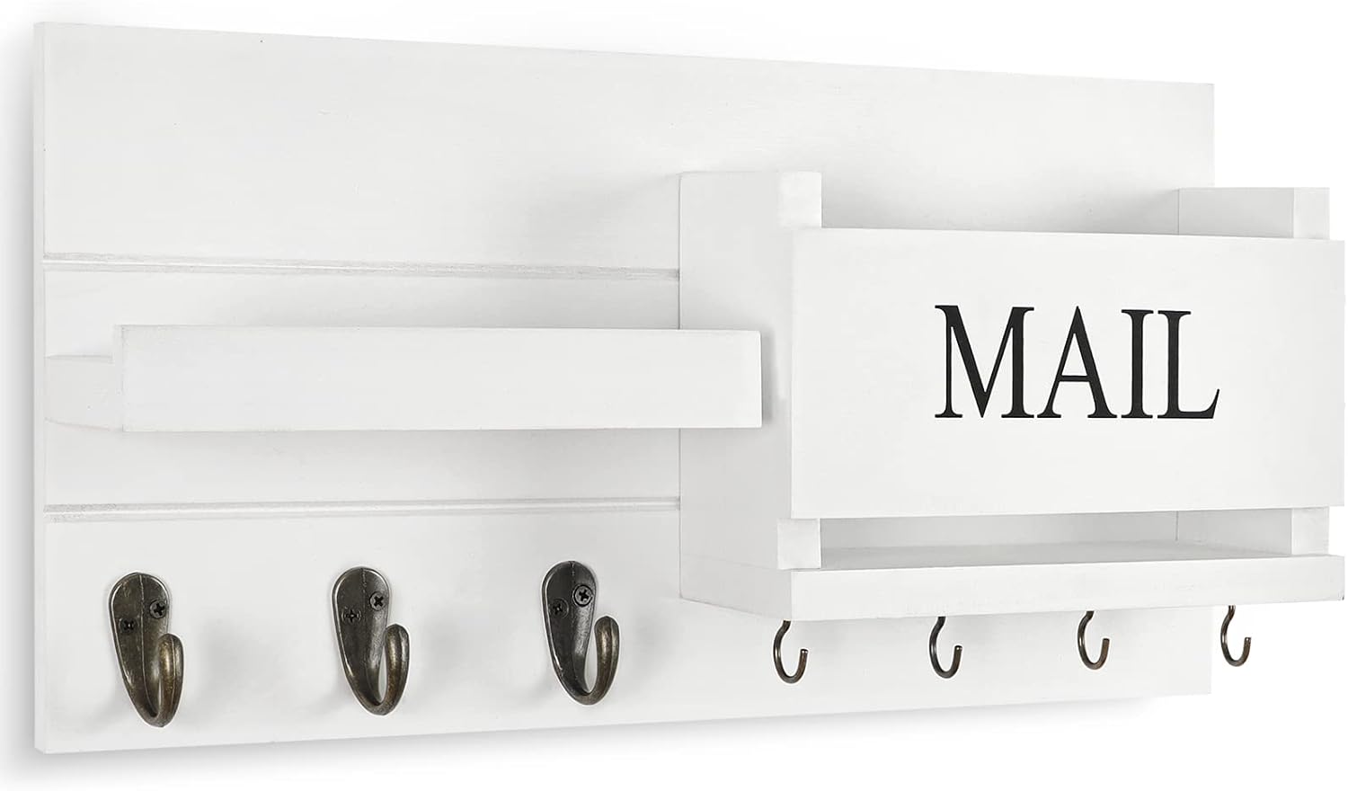 Shelf Includes Letter Holder and Hooks for Hallway Farmhouse / White