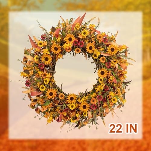 J'FLORU Artificial Fall Wreath 22 Inch Fall Wreaths for Front Door Autumn Porch Farmhouse Thanksgiving Day Harvest Festival