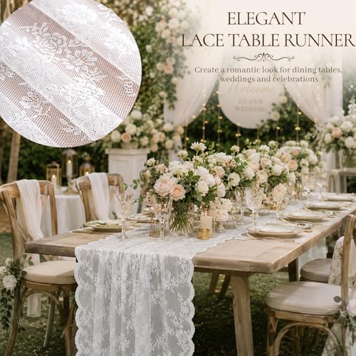 White Lace Table Runner with Floral Embroidered (1pcs 28”x118”)