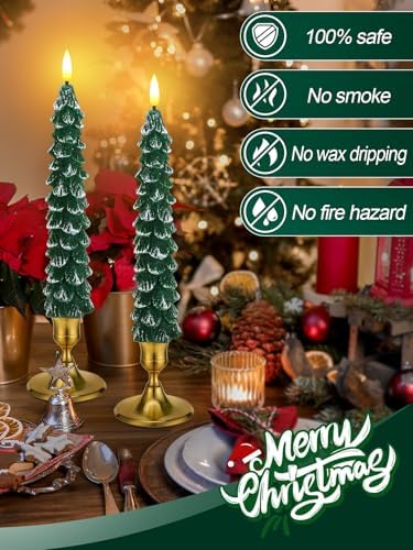 3 Pack Christmas Tree Candles with Remote- Real Wax Flameless Taper Candles, 9.7in Green Candlesticks Battery Operated for Home Table Metal Xmas Holiday Indoor Decorations Gifts