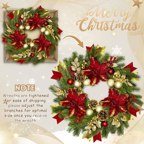 24" Christmas Wreaths for Front Door with Lights & Poinsettia Flowers