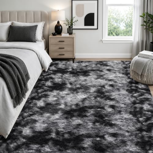 Ophanie Tie-Dyed Black & Grey Area Rugs 8x10 for Bedroom Living Room, Fluffy Shag Fuzzy Carpet, Plush Shaggy Rug