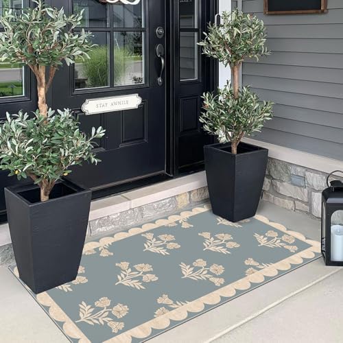 Front Door Mat Indoor Entrance - 2x4.3 Ft Floral Washable Layered Doormat Outdoor Entrance Porch Rug Non-Slip Blue
