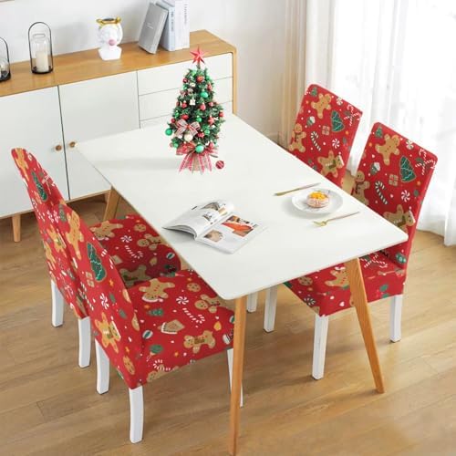 Red Christmas Chair Covers Set of 4,Winter Gingerbread Christmas Tree Snowflake Chair Protectors,Elastic Removable Washable Dining Chair Covers for Winter Christmas Kitchen Dining Room Holiday Decor
