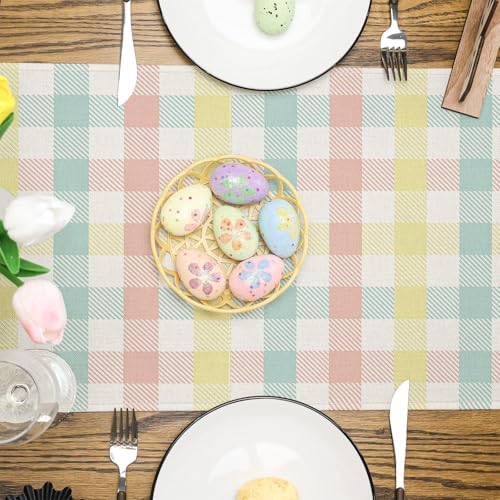 Niviy Buffalo Plaid Rabbit Bunny Happy Easter Table Runner, Check Stripes Kitchen Table Decor, Spring Kitchen Dining Table Decoration for Home Party Decor 13x108 Inch