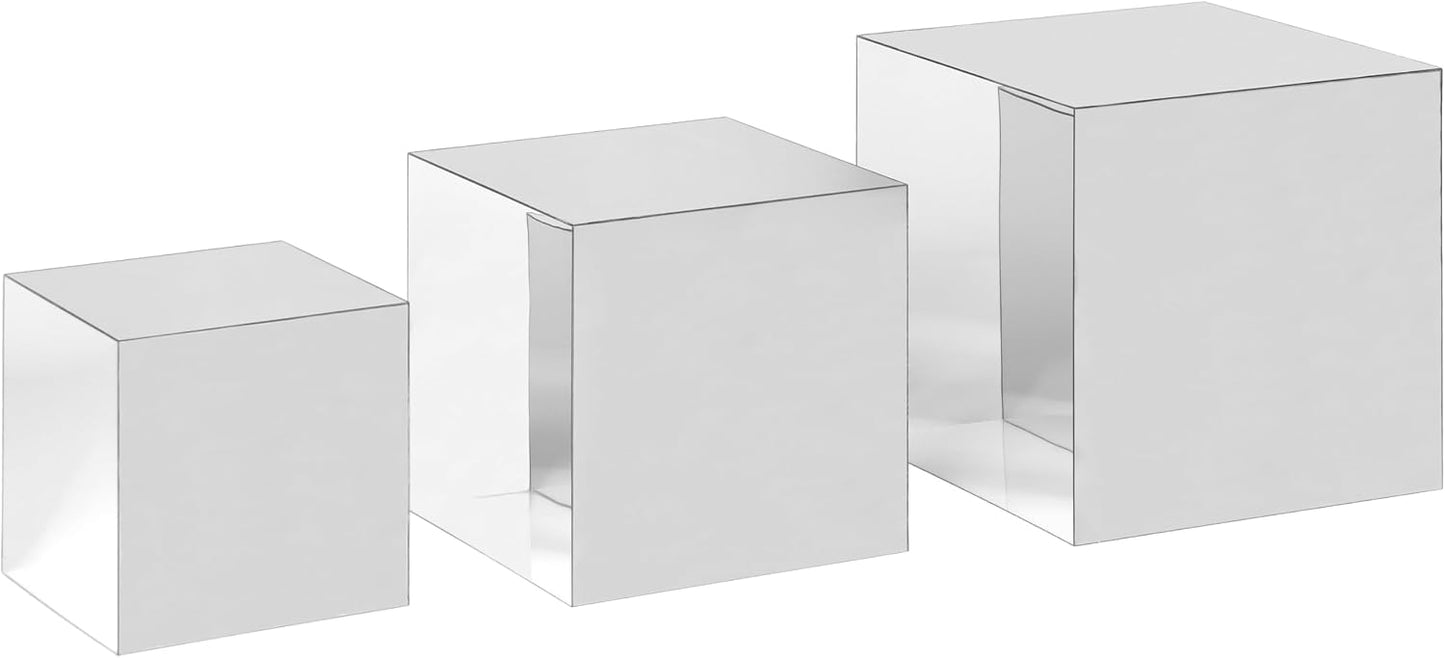 Glossy Acrylic Cube Display Nesting Riser Stands / 4",5",6 / Silver / Set of 3
