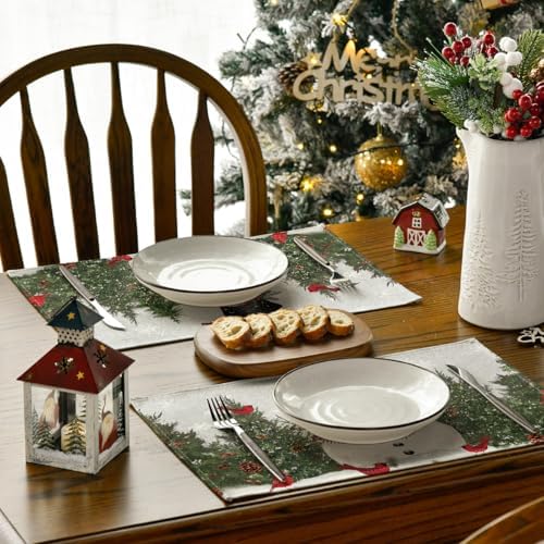 Artoid Mode Snowman Birds Trees Christmas Placemats Set of 4, 12x18 Inch Seasonal Grey Winter Holiday Table Mats for Party Kitchen Dining Decoration