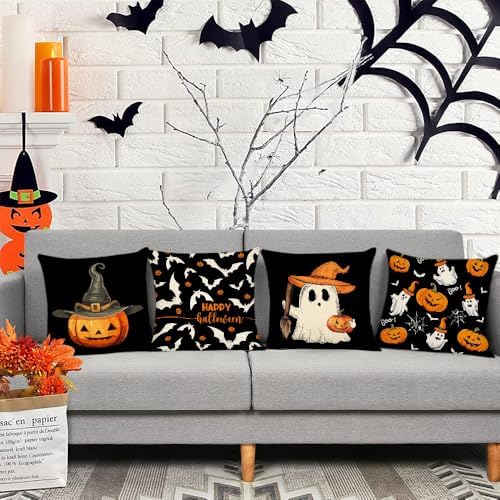 YeeJu Set of 4 Halloween Pillow Covers 18x18 Inch Cute Ghost Pumpkin Decor Throw Pillow Covers Black Plaid Happy Halloween Cushion Covers Linen Pillow Cases for Home Outdoor Sofa Couch (18 by 18)