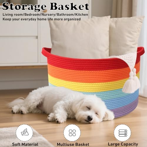 115L Large Blanket Basket,Rope Woven Laundry Basket-Rainbow
