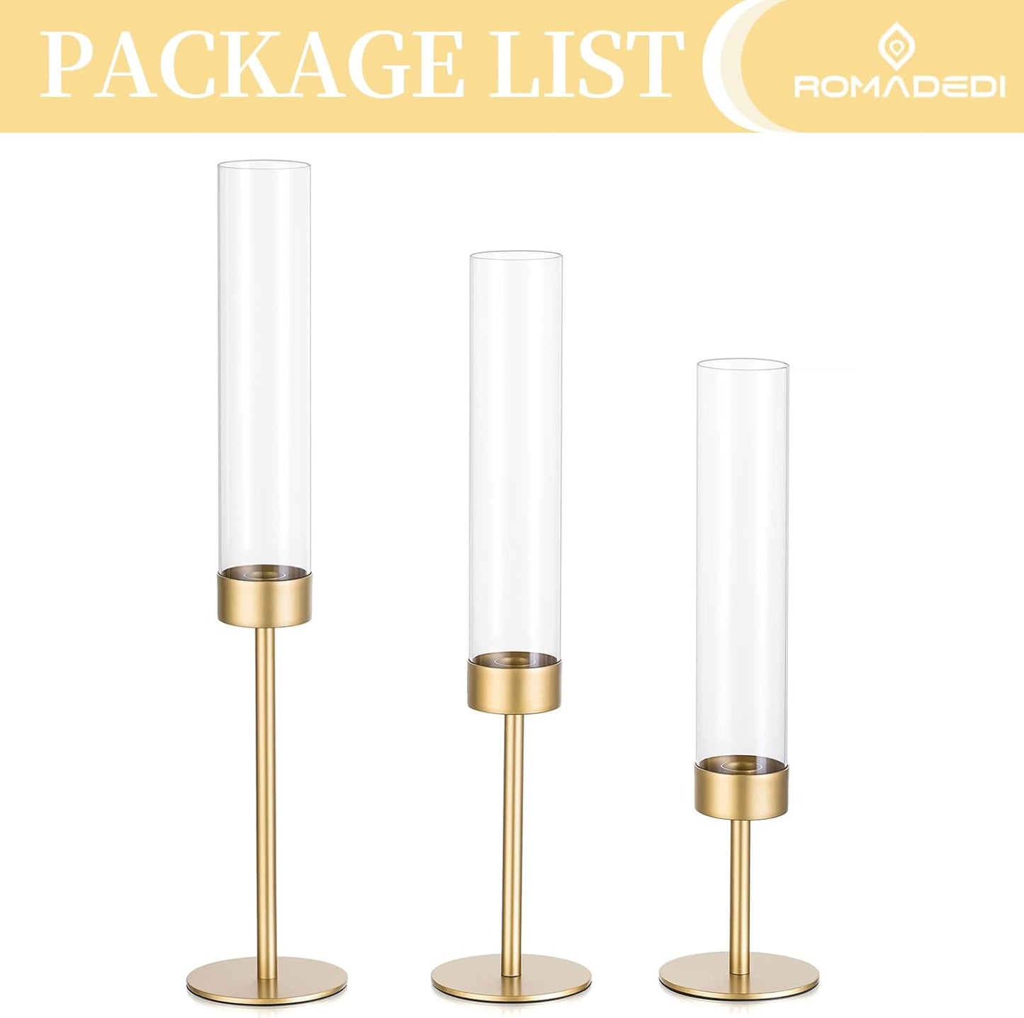 Romadedi Glass Hurricane Candle Holders for Candlestick, Gold, Set of 3 | Removable Borosilicate Clear Glass Cylinder
