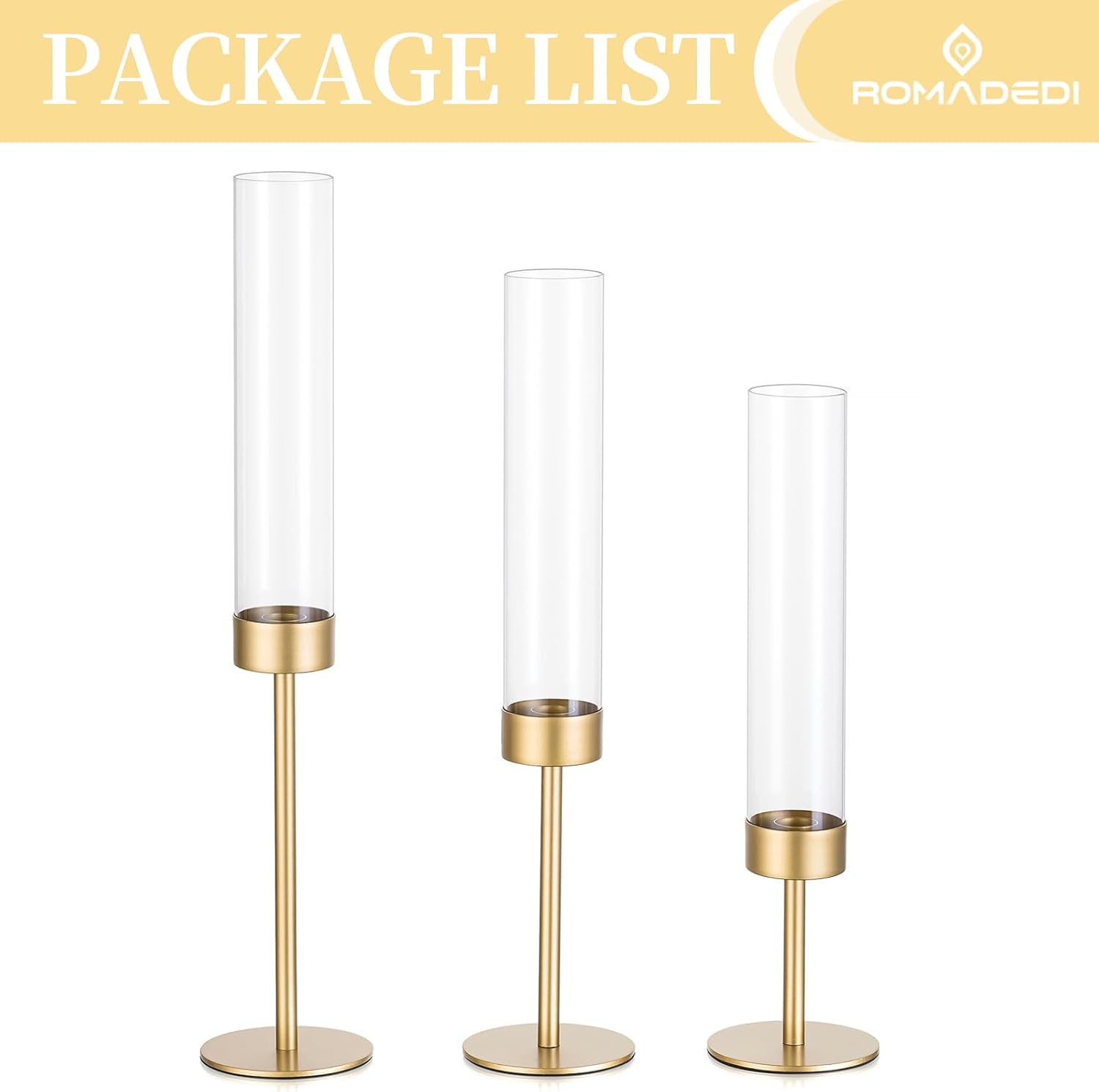Romadedi Glass Hurricane Candle Holders for Candlestick, Gold, Set of 3 | Removable Borosilicate Clear Glass Cylinder