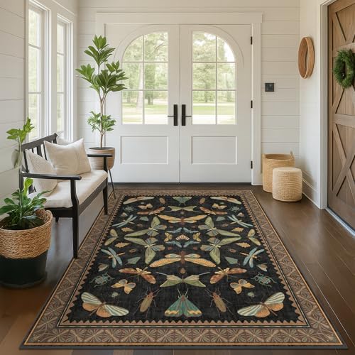 Washable 5x7 Black Rug for Living Room - Foyer Rugs for Entryway, Bedroom, Home Office, Gothic Witchy Insect Bug Floral