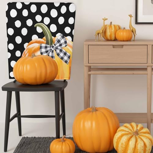 Fall Chair Covers Set of 8 Orange Pumpkin Chair Slipcover Protector Removable Stretch Chair Covers Bow Black White Polka Dots Thanksgiving Chair Back Covers for Dining Chairs Kitchen Holiday Party