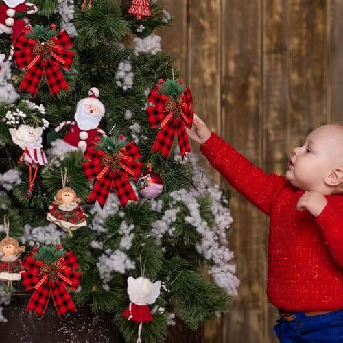 Syhood 6 Pcs Christmas Bows Xmas Velvet Bows Tree Decor, Buffalo Plaid
