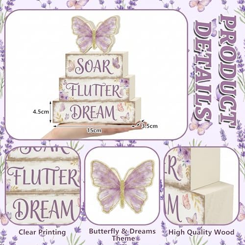 Britimes Tiered Tray Decor Set, 4 Pack, Wooden Table Sign, Butterfly Floral