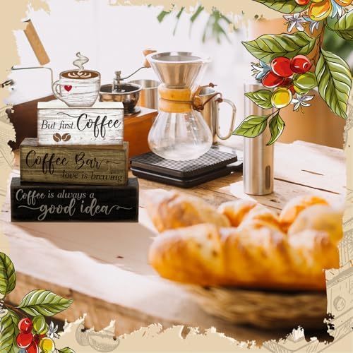 Moucuny 4 Pcs Coffee Bar Sign Wooden Blocks with Cup Topper Coffee Decor