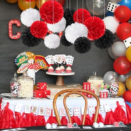 18 PCS Tissue Paper Pom Poms, Tissue Paper Flowers, Sizes of 6", 10", 12", 14" Bachelorette Paper Flower Party Decor for Wedding, Birthday, Fiesta Stranger, Baby Showers (Black Red White)