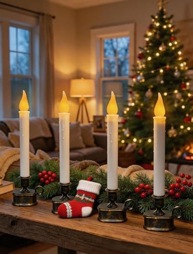 4 Pack Christmas Window Candle Lamps, Flameless Flicker LED Lights and Bronze Base, Dusk to Dawn Light Sensor, 10 Inch Battery Powered Window Candle for Dinners, Table, Party, Valentines Decorations