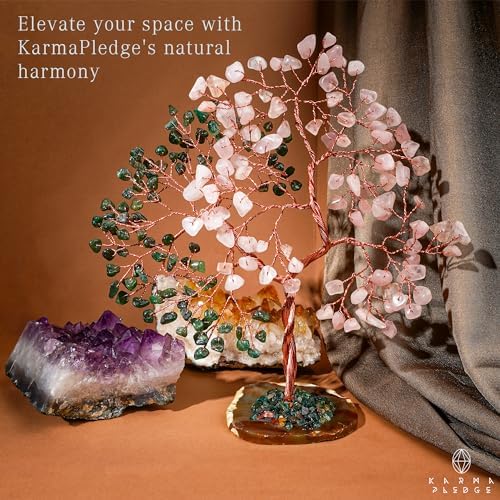 Handmade Healing Crystal Tree of Life Green Aventurine & Rose Quartz Chakra Tree for Money, Good Luck, Feng Shui Home