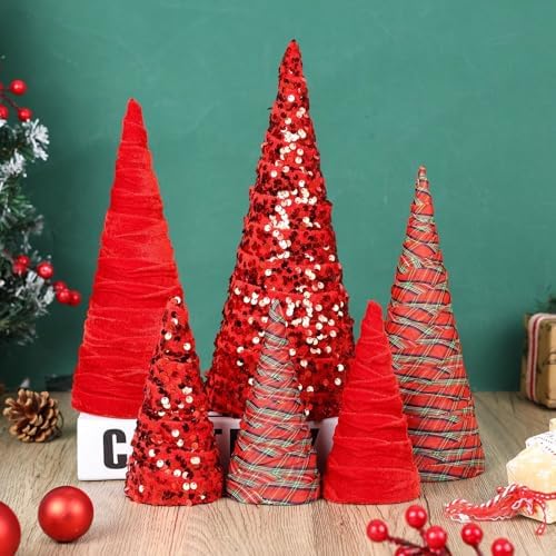 6 Pcs 12" 10" 6"Buffalo Plaid Christmas Velvet Cone Trees Decoration Christmas Glitter Tree Farmhouse Buffalo Plaid Tiered Tray Ornament for Xmas Home Holiday Entryway Tabletop Tree Centerpiece Decor