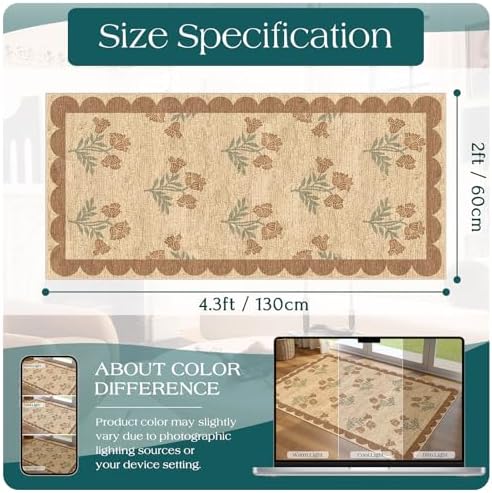 Front Door Mat Indoor Entrance - 2x4.3 Ft Tan Floral Washable Layered Doormat Outdoor Entrance Porch Rug Non-Slip