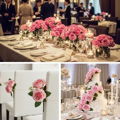 Auihiay 60PCS Pink Roses, Artificial Roses, Fake Roses, Velvet Silk