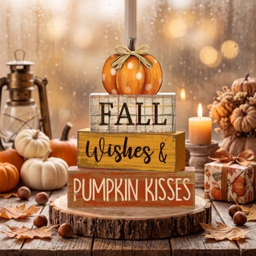 Moucuny 4 Pcs Fall Pumpkin Decor Fall Decorations for Home Wooden Pumpkin Decor Thanksgiving Table Centerpiece Rustic