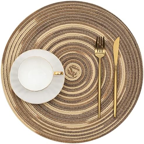 SHACOS Round Placemats Set of 6 Washable 15 inch Variegated Braided Round Place Mats Kitchen Table Mats (Rainbow Brown, 6)