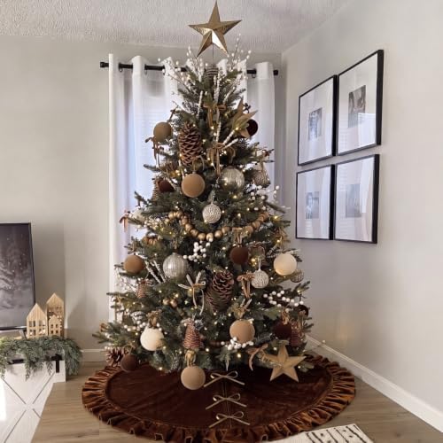 Velvet Christmas Tree Skirt, 48 Inches, Bow Style, Brown