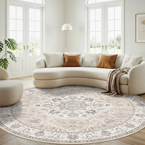7x7 Living Room Area Rug: Washable Oriental Printed Soft Round Rug for Bedroom Besides Non-Slip Low-Pile Carpet for
